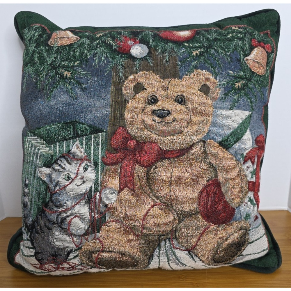 Tapestry Teddy Bear With Kitty Cat Pillow By Newport 16" x 16"